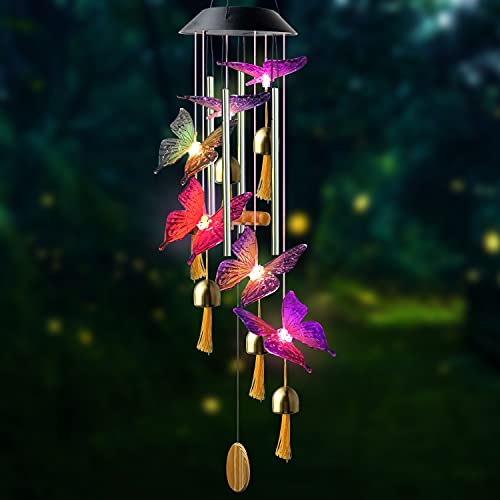 AMMON Wind Chimes,LED Butterfly Wind Chimes,Solar Wind Chimes for Outside,Aluminum Tubes Memorial Wind Bell Suitable for Outdoor Decoration,Birthday Gifts for Women