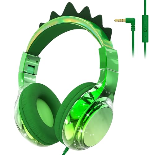 QearFun Kids Dinosaur Headphones Wired with Mic, 85/94dB Safe Volume Limit, Sparkly Wired Headset, Foldable, Sharing Port & Tangle-Free Cord for...