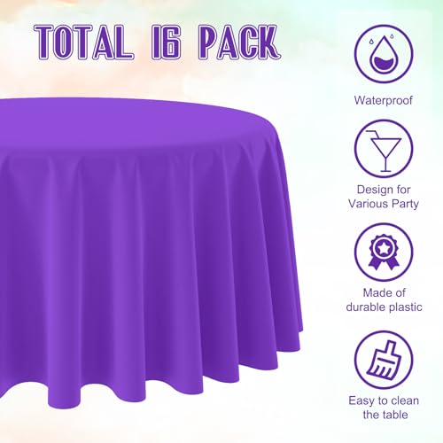Image of Ragnhild 16 Pack Purple Plastic Tablecloth for Round Tables, Premium Decorative Purple Disposable Table Cloths for Parties, Bulk Round Party Table Cover for Birthday Anniversary Graduation, 84 Inch