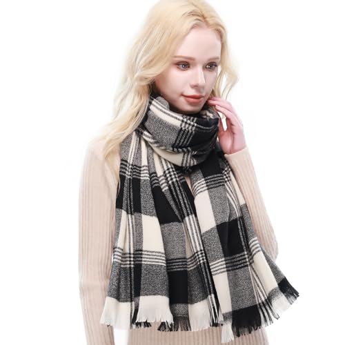 RIIQIICHY Plaid Scarf for Women Fall Winter Pashmina Scarves Wraps for Cold Weather Warm Large Black/Cream