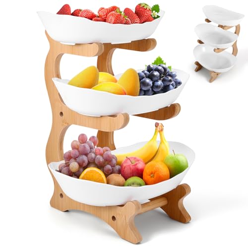 DEECOZY Fruit Stand, 3-Tier Plastic Fruit Bowl for with Bamboo Stand, Space-Saving Fruit Basket for Family, Modern Fruit Bowl for Vegetables, Fruits, Snacks (White) DEECOZY Fruit Stand, 3-Tier Plastic Fruit Bowl for with Bamboo Stand, Space-Saving Fruit Basket for Family, Modern Fruit Bowl for Vegetables, Fruits, Snacks (White)