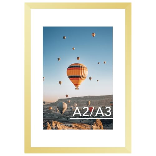 Image of JCJMY 16.5x23.4 A2 Picture Frame Gold with 11.7x16.5 A3 Mat, Display Photo 11.7x16.5 with Mat or 16.5 x 23.4 Without Mat, Wall Hanging Large Frame with Plexiglass, Gold