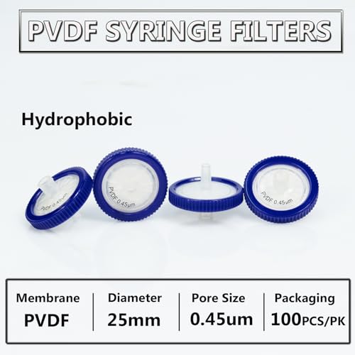 Image of Syringe Filters PVDF Hydrophobic Filtration 0.45um Micron Pore Size 25mm Membrane Diameter Lab PVDF Membrane Disc Non-Sterile by Labfil, Pack of 100