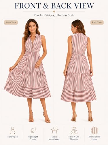 Image of BROVAVE Womens 2026 Summer Sleeveless Shirt Dress Collar Striped V Neck Casual Midi Dresses