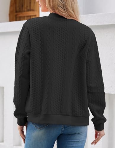 Image of WROLEM Women's Zip Up Cardigan Sweater Cable Hoodies Long Sleeve Jacket Outfits Crewneck Casual Coat Black