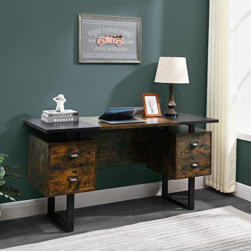 Moderion Computer Desk For Home Office With 4 Large Drawers, Rustic Wood Writing Study Table Metal Frame, 59” X 21.7” 29.5”, Color Block Desktop,Easy Assembly, Vintage And Black Ctsz20401Cm #TOP1