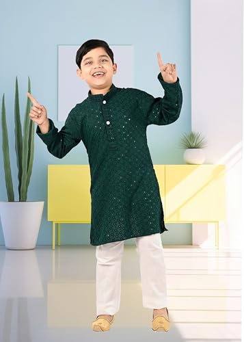 Image of Traditiona Kurta with White Pajama Set, Kids Ethnic Wear, Cotton Blend