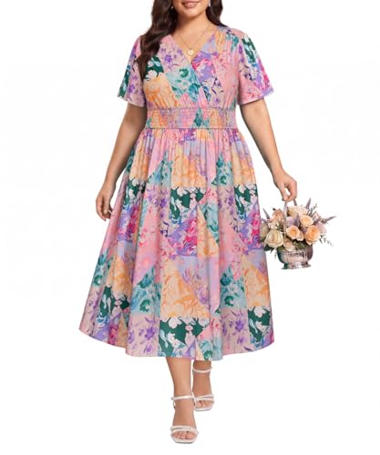 Image of CARCOS Plus Size Dresses for Curvy Women V Neck Summer Maxi Dress Short Sleeve Floral Boho Dress Smocked Waist Beach Dress
