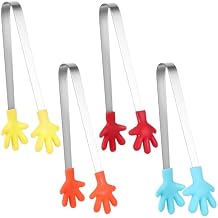 4 PCS Silicone Mini Tongs, 5 Inch Hand Shape Silicone Food Tongs Small Kids Tongs Colorful Kitchen Tongs for Serving Food Cooking Appetizers Ice Cube fruits SugarRed Yellow Orange Blue