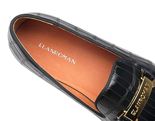 Elanroman Men's Loafers Black Gold Buckle Fashion Luxury Emboss Leather Penny Party Wedding Prom Shoes Us 10 Eur 44 Feet Lenght 295Mm #TOP3