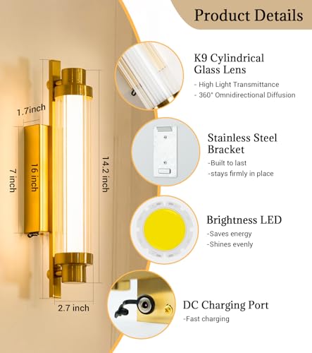Image of Set of 2 Gold 12000mAh LED Crystal Wireless Battery Wall Sconces | 12000mAh long battery, remote dimmable timer, renter no hardwire crystal light for vanity bathroom living room hallway