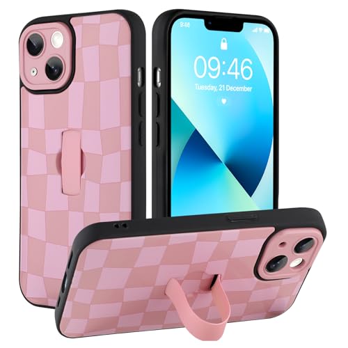 SOKAD for iPhone 13 Case with Finger Strap Kickstand, Pink Checkered