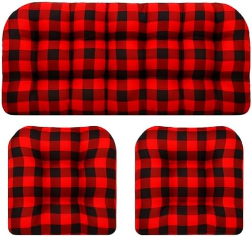 Barydat 3 Pack Wicker Furniture Cushions Waterproof Outdoor/Indoor Tufted Wicker Chair Cushions 1 Loveseat and 2 U-Shape Rattan Chairs for Patio Furniture, Rattan Love Seat, Bench(Red Plaid)