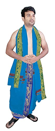 Image of TUNI MANI Men's Panchakacham Dhoti with Angavasthram Towel, Jari Border, 100% Cotton, Size: 9 X 5 (4.0mtr Dhoti, 2.25mtr Towel) (Unstitched)
