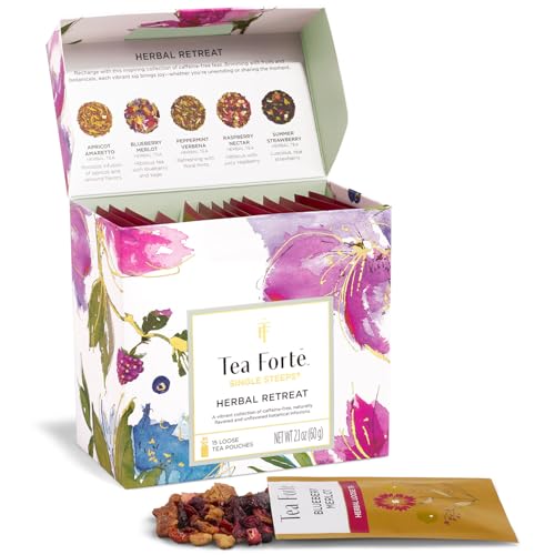 Image of Tea Forte Single Steeps Loose Leaf Tea Sampler, Assorted Variety Tea Box, 15 Single Serve Pouches, Herbal Retreat