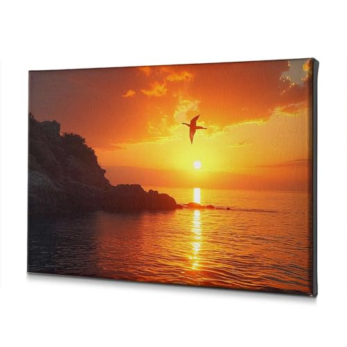 Toile coucher de soleil sur côte rocheuse et mouette volante de 40x60cm