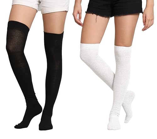 Image of TRAZO Women's Thigh High Socks Over the Knee High Knitted Casual Boot Socks, Stiped Long Fashionable Stockings (Pack of 2)