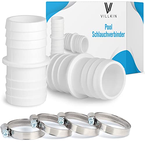 Villkin 2 x hose connectors with 4 x hose clamps for the pool hose nozzle, pack of 2 (32 mm x 32 mm, white)
