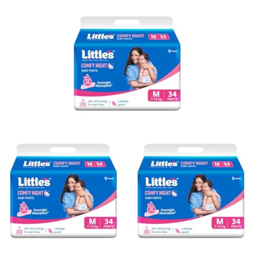 Image of Little's Baby Diapers M Size (Medium) Pants Style | 7-12 kg | 34 Count | Comfy Nights Baby Diaper Pants with Leakage Guard & Upto 12 Hours Absorption (34 Count, Pack of 3)