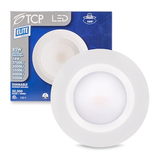 TCP LEDDR56BVCCT5 5/6 Inch LED Beveled Downlight - 50,000 Hour Life, Selectable CCT 27K-50K, 1400 Lumens, 14W, TRIAC Dimmable, E26 Adapter, UL Approved for Damp Locations, Easy Install Ceiling Light