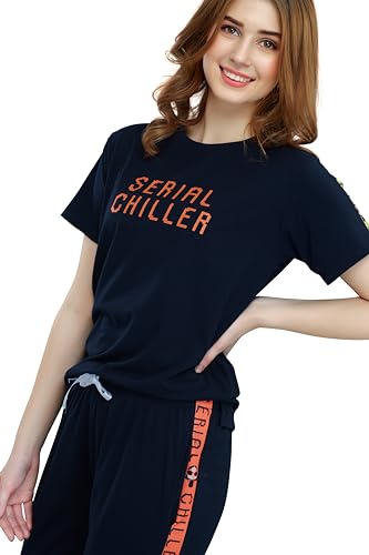 Image of ZEYO - Women's Cotton Typography Side Striped Night Suit Set of Top & Joggers Pajama Set