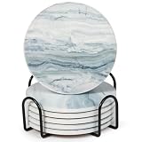 Acejoz Drink Coasters with Holder for Coffee Table, Absorbent Coasters Set of 6, Marble Style Ceramic Coaster for Wooden Table, Suitable for Kinds of Cups, Home Decor, 4 Inches(Blue)