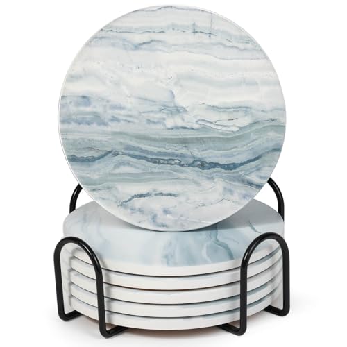 Acejoz Drink Coasters with Holder for Coffee Table Absorbent Coasters Set of 6 Marble Style Ceramic Coaster for Wooden Table Suitable for Kinds of Cups Home Decor 4 Inches(Blue)