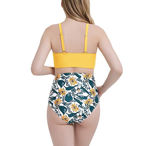 Sweetbump Maternity High Waist Swimsuit Two Piece Bathing Suit Cute Bikini Tie Ruched Front Crop Top Pregnancy Swimwear Yellow Floral S #TOP1
