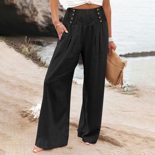 Wide Leg Linen Pants for Women Elastic Smocked Waist Palazzo Pants Lightweight Summer Boho Beach Pants with Pockets2