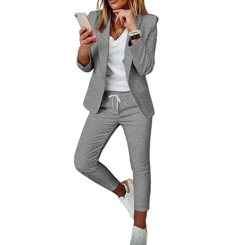 CHICME Womens Suits 2 Piece Set Notched Collar Blazer and Drawstring Pants Suits Set Casual Business Outfits