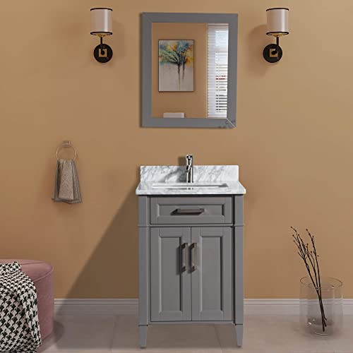 Vanity Art 24 Inch Single Sink Bathroom Vanity Set Carrara Marble Stone Top Dove-Tailed Drawer Soft Closing Doors Undermount Rectangle Sink Cabinet With Free Mirror Va2024-G #TOP2
