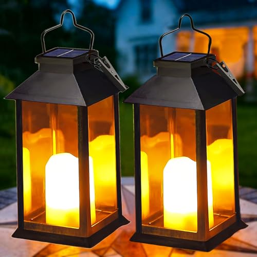 Yowin Lanterne da Esterno 2 Pezzi Lanterna Solare da Giardino con Candele Tremolante, Lampada Solari da Appendere Impermeabile Lampade da Tavolo per Arredo Giardino Terrazzo Balconi Decorazioni