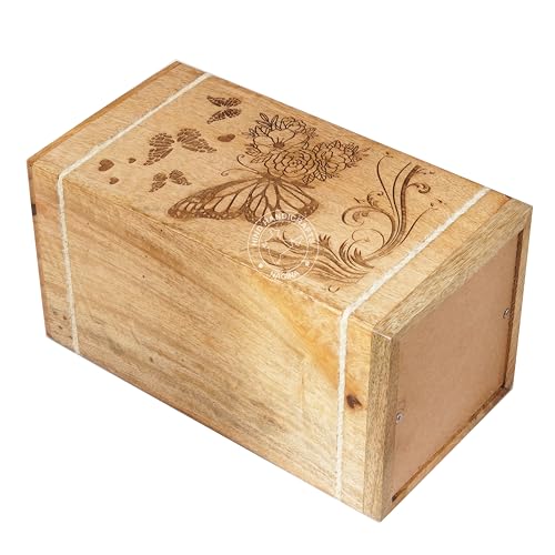 Image of Handcrafted Floral Engraved Wooden Urns for Human Ashes Adult Large - Cremation Urn for Ashes - Burial Urn for Columbarium - Funeral Urn Box (Floral Butterfly 2, 250 LB - Hardwood)