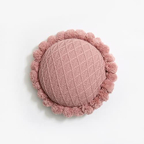 AUSTINCIAGA Taies d'oreillers Décorative Rond Housse de Coussin Tricotée avec Oreiller Cussion Handmade Pompoms à Franges Couleur Pure Doux Mignon (Dia 50cm) Cover