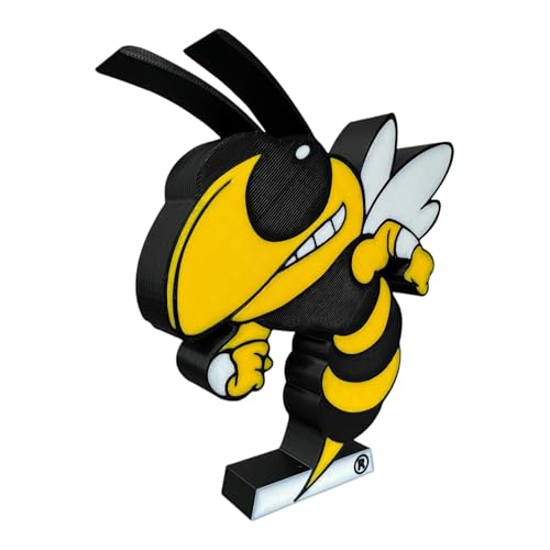 CLTFanCreations Georgia Tech Buzz The Yellow Jacket 3D Printed Decorative Logo, Free-Standing Display Figure, (Black/White/Gold), College Sports Fan Decor