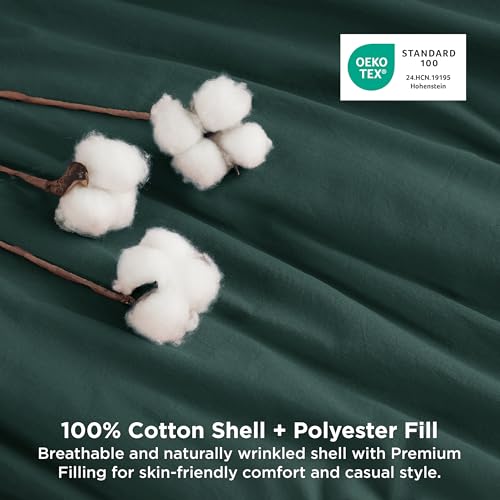 Image of Bedsure Comforter Set Queen Size - Cotton Fabric with Microfiber Inner Fill, Forest Green PureWoven Soft Bed Set for All Seasons, 3 Pieces, 1 Comforter (90 inchx90 inch) and 2 Pillow Cases (20 inchx26 inch)