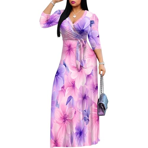 Image of Plus Size Maxi Dress for Women V Neck 3 /4 Sleeve Wrap Dresses