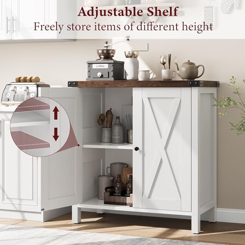 GarveeHome Small Storage Cabinet, Farmhouse Sideboard Buffet Cabinet with 2 Doors and Adjustable Shelves, Accent Entryway Console Cabinets for Living Room, Dining Room (White+Brown, 1 Pieces)