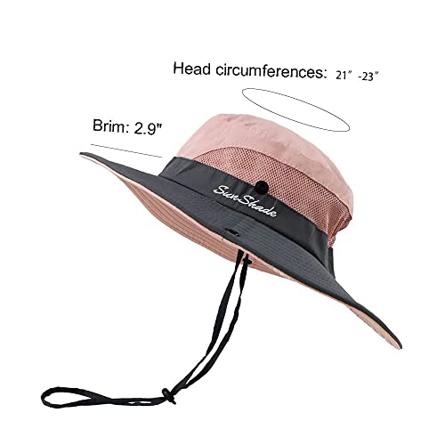 Womens Summer Sun-Hat Outdoor Uv Protection Fishing Hat Wide Brim Foldable-Beach-Bucket-Hat With Ponytail-Hole (Pink) #TOP2