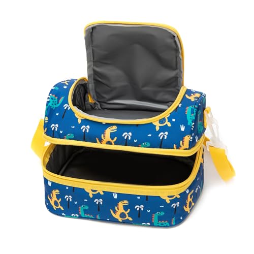 Image of Insulated Kids Dual Compartment Lunch Bags Tote for Boys Toddler Kindergarten School Double Decker Cooler Boxes with Shoulder Strap Yellow Dinos