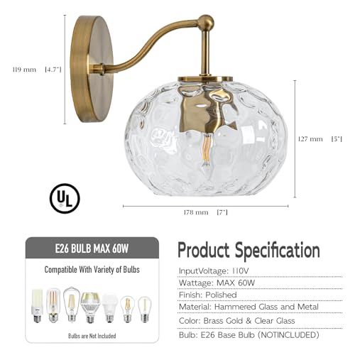 Image of Gold Wall Sconce Light Clear Hammered Glass Vanity Lighting Brushed Brass Wall Lamp for Bathroom Over Mirror