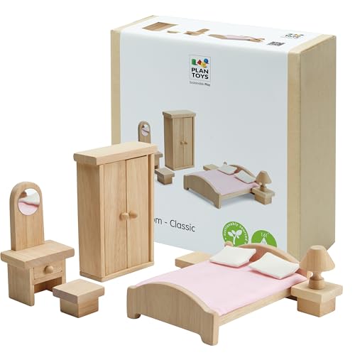 Chambre à coucher en bois Plan Toys, design épuré et décor naturel miniature