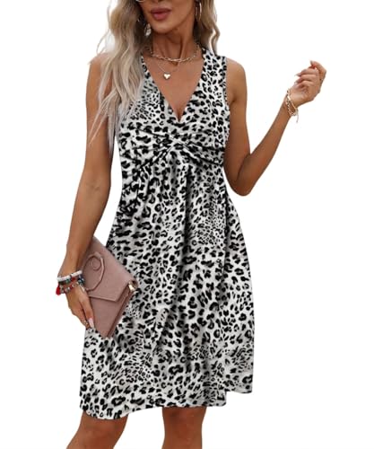 GRMLRPT Robe Femme Col en V Chic et Elegant Robes sans Manche Décontractée Robe de Plage Été Courte Couleur Uni(léopard,L)