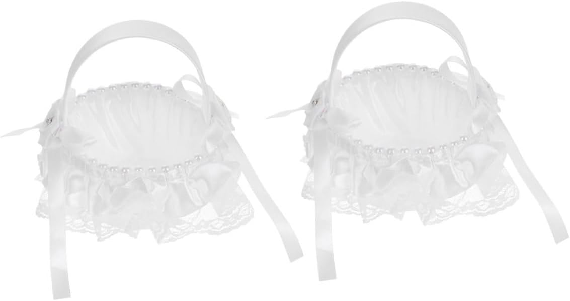 Wedding Flower Girl Basket Set of 2 Lace Bowknot Bride Ceremony Baskets with Handle for Flower Petal Tossing at Wedding Party