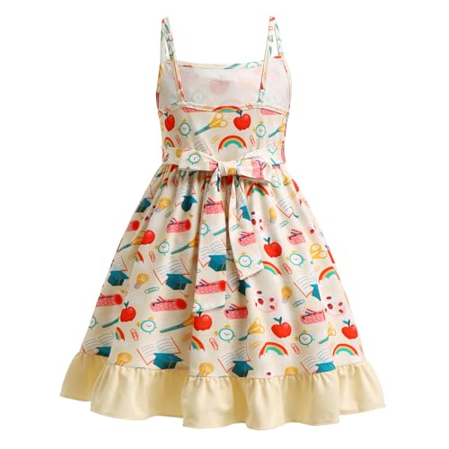 OBEEII Back to School Outfit for Girls Toddler First Day of School Kindergarten Bow Pencil Rainbow Printed Dress/Pockets2