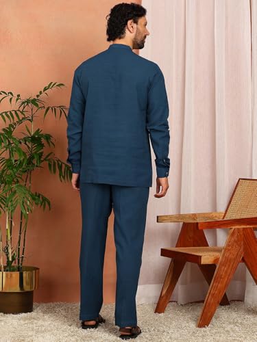 Image of See Designs Men's Full Sleeve Mandarin Collar Linen Solid Pathani Set