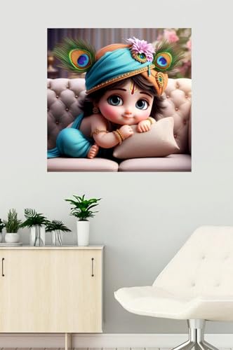 Image of Akki Wold Sky Blue Cute Eyes On Soffa With Pillow Wall Poster For Living Room, Office, Pooja Room (Size - 46CM X 46CM)