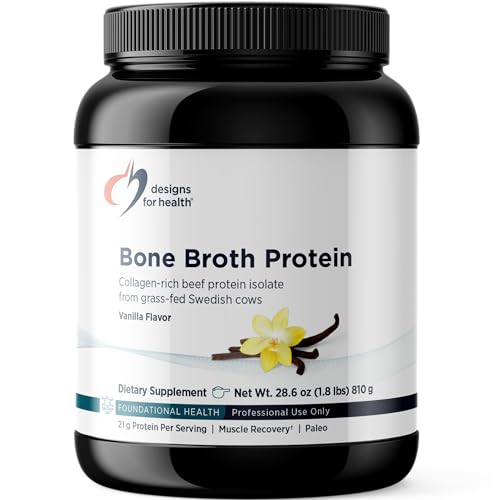 Designs for Health Bone Broth Protein Powder – 21g Grass-Fed, Collagen-Rich Beef Protein Isolate – Vanilla, Paleo, Non-GMO, Dairy-Free (30 Servings / 810g)