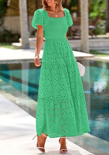 Image of PRETTYGARDEN Summer Dresses for Women 2026 Eyelet Square Neck Puff Sleeve Smocked Wedding Guest Maxi Dress with Pockets