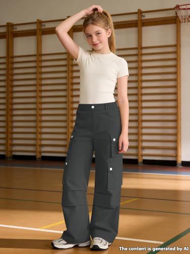 Image of SANGTREE Girls Wide Leg Cargo Pants Multi Pocket,6-14 Years | Cotton High Waist Baggy Trousers with Pockets Teen Y2K Streetwear School Pants| Back-to-school,Outdoor Play